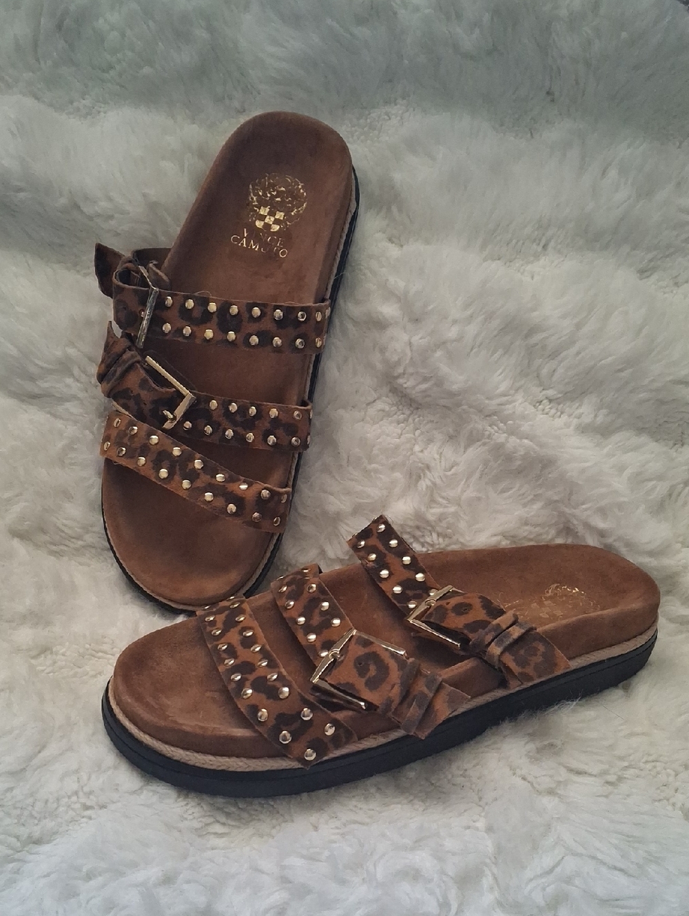 Vince Camuto Ciandra Leopard Studded Slide Sandals - Adjustable Buckles - Sz 9.5